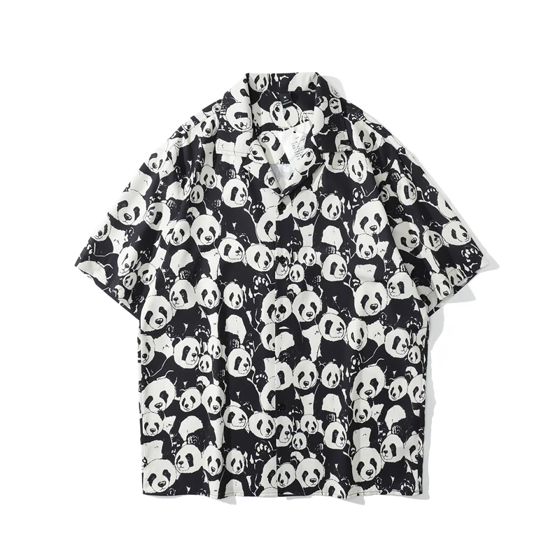 

2021 Summer New Panda Head Full Print Shirt Short-sleeved Men and Women Bf Loose Hip-hop Trend Hawaii Beach Vacation Mens Shirt