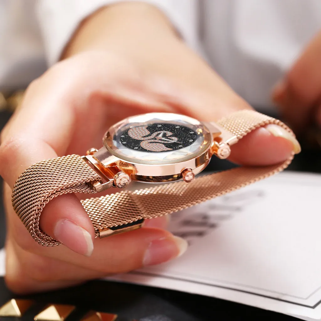 Роскошные женские часы из нержавеющей стали с магнитным сетчатым ремешком