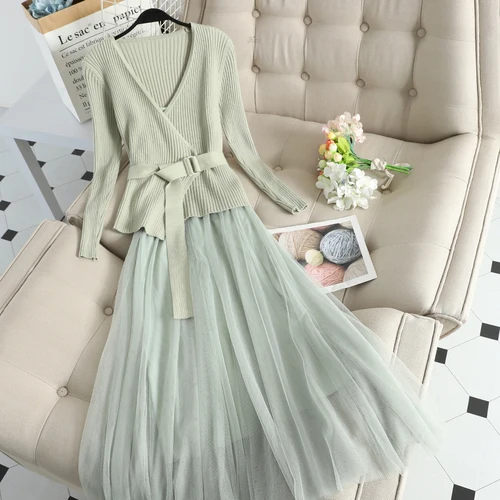 green Neploe осень зима маленький аромат кружева Camis лоскутное Средний длинный трикотажный свитер платье два вида Женский комплект элегантный 46695 - Цвет: green