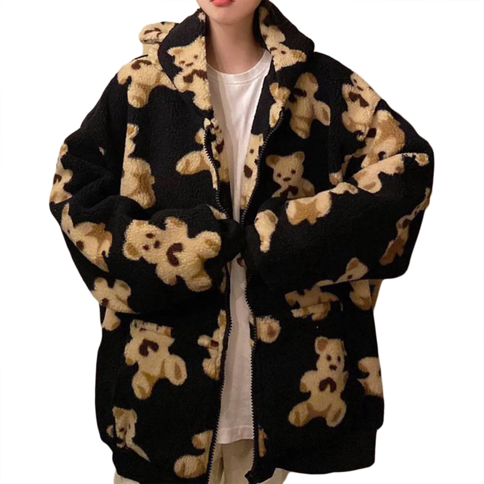 

Women Coat, Cartoon Bear Print Long Sleeve Hooded Greatcoat Jacket With Zipper For Fall Winter 2022 New Fashion