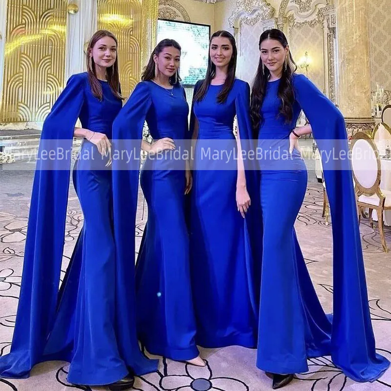 Modest Royal Blue Satin Bridesmaid Dresses With Long Sleeve Cape 2022 Mermaid Women Long Wedding Party Gowns Vestidos De Fiesta