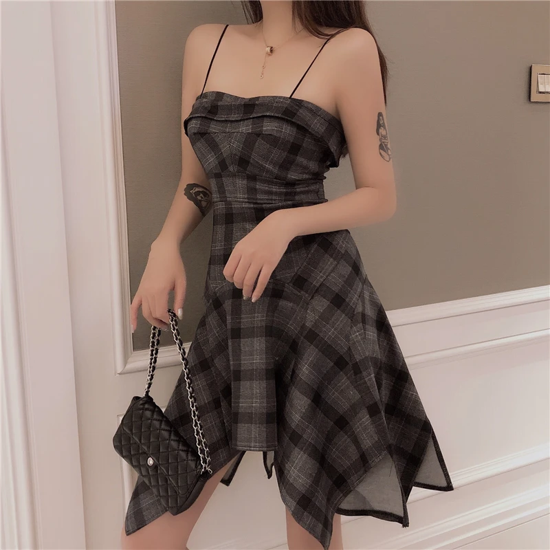 2019 модное клетчатое ретро платье женское летнее Новое Элегантное Асимметричное