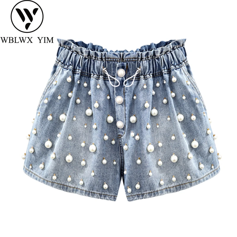 Летние джинсовые шорты с высокой талией Дамская Мода шитье Pearl Повседневные