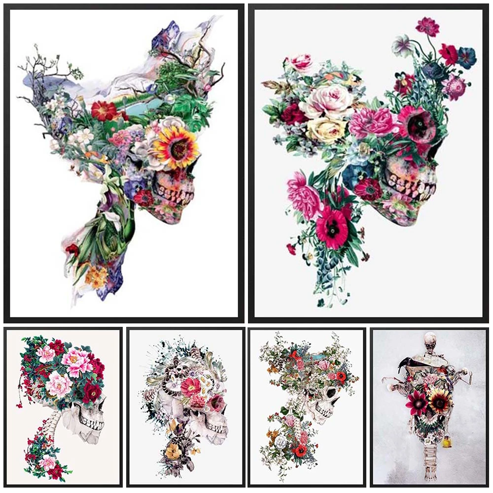 

Retro Flower Skull Mexico Day of the Dead Wall Art Canvas Painting Home Decor Posters Prints Wall Pictures For Living Room