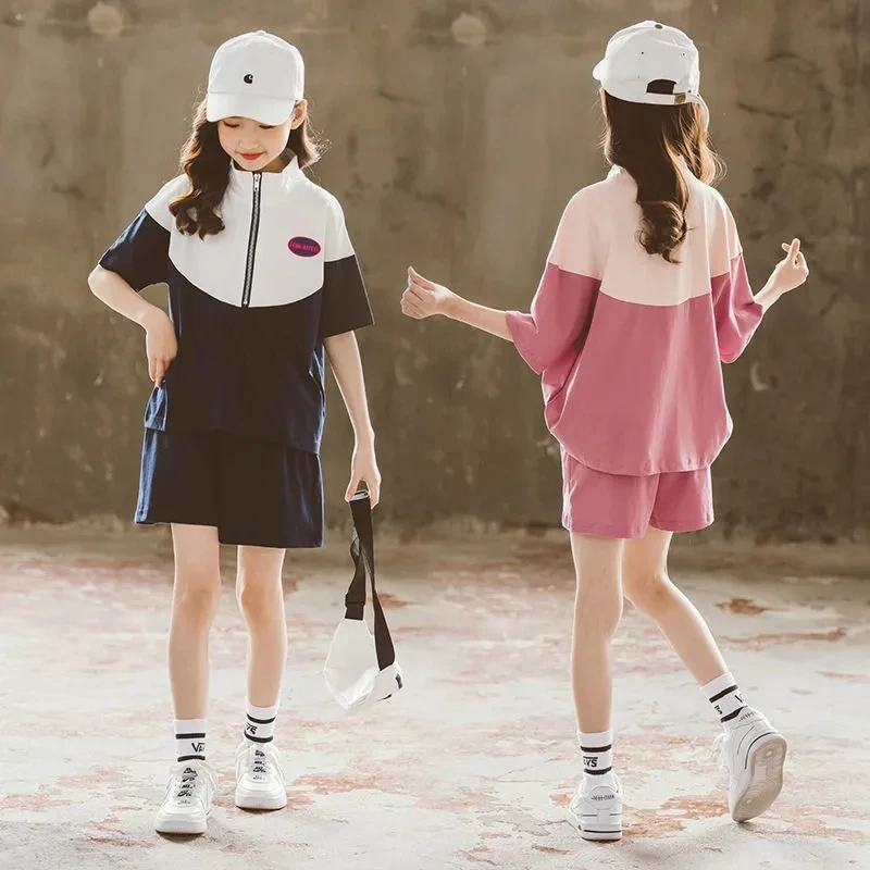 

2021 summer new girls short-sleeved shorts sports suit Teenage Tracksuits children's zipper baseball uniform + wide-leg pants