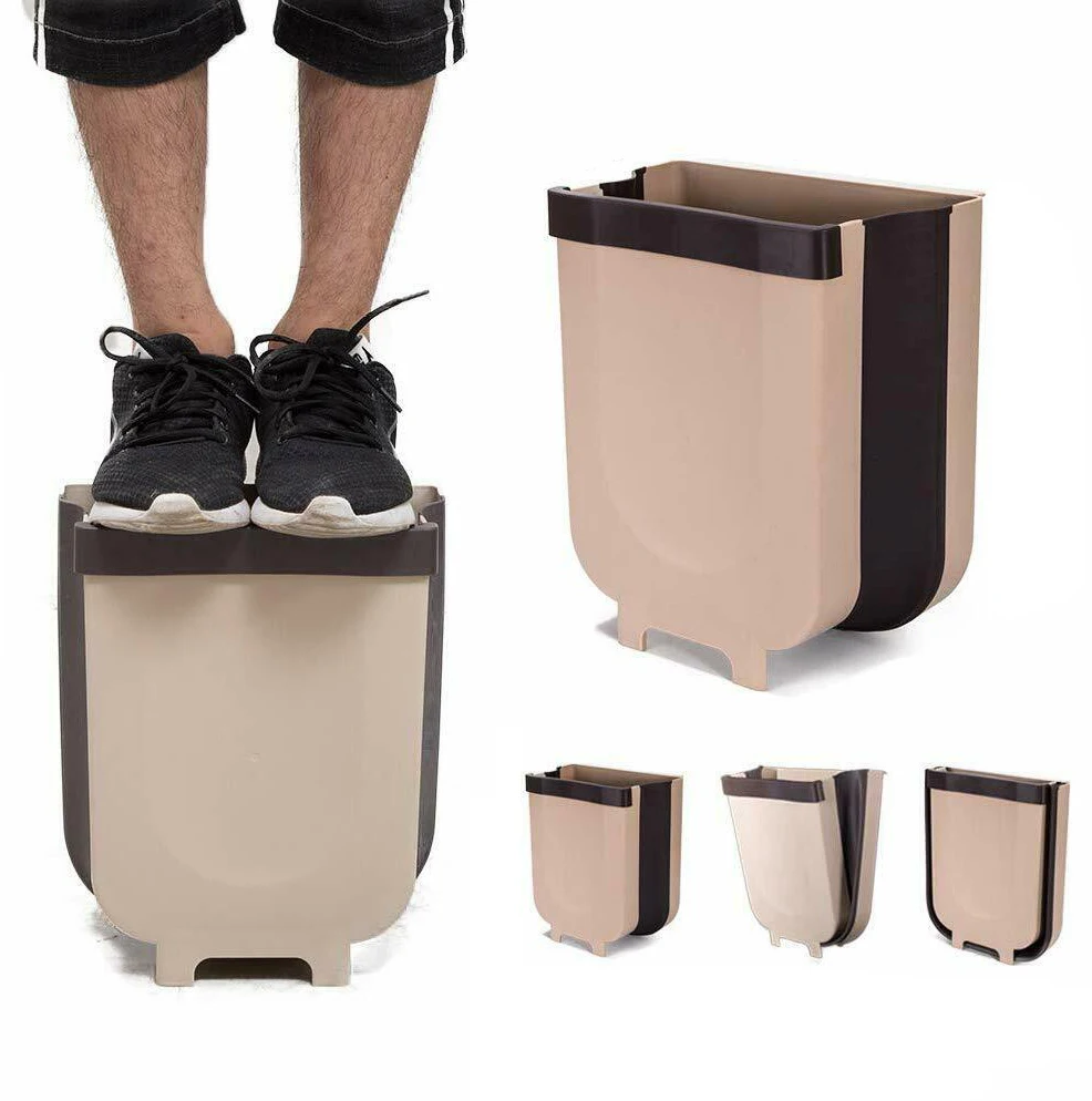 

8L Waste Bin Hanging Trash Cabinet Door Toilet Waste Storage Wall Mounted Folding Bathroom Trash Can Kitchen Foldable Gold