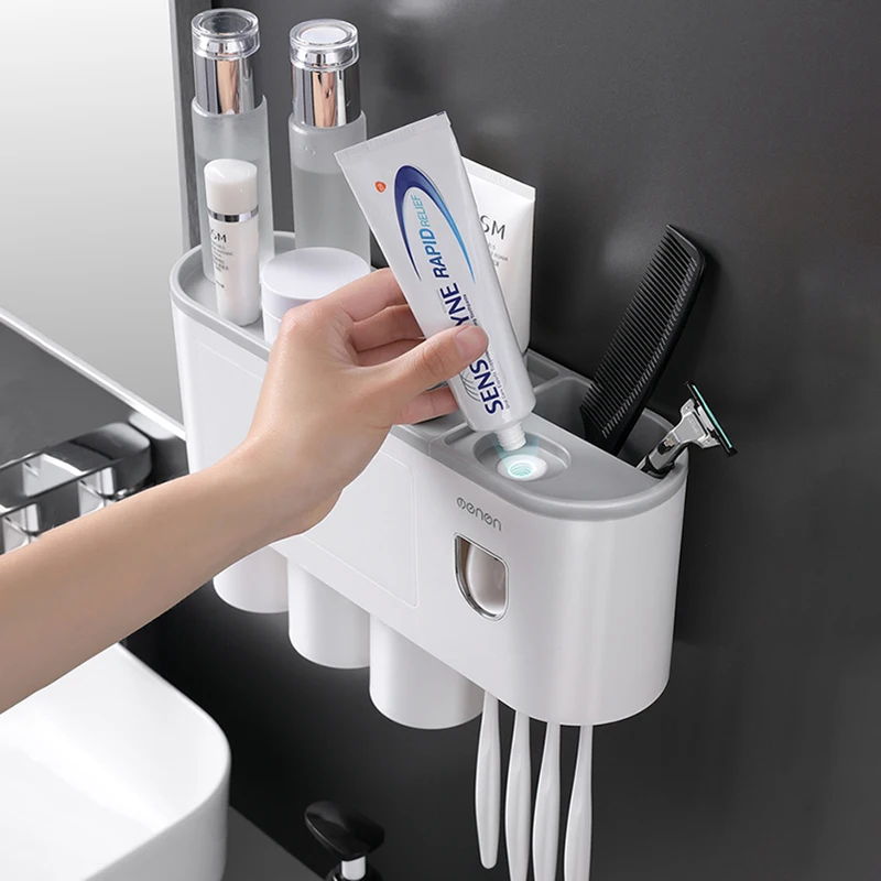 bathroom toothbrush holder restaroom storage rack toilet wall mounted toothpaste squeezer dispenser home bathroom accessories free global shipping