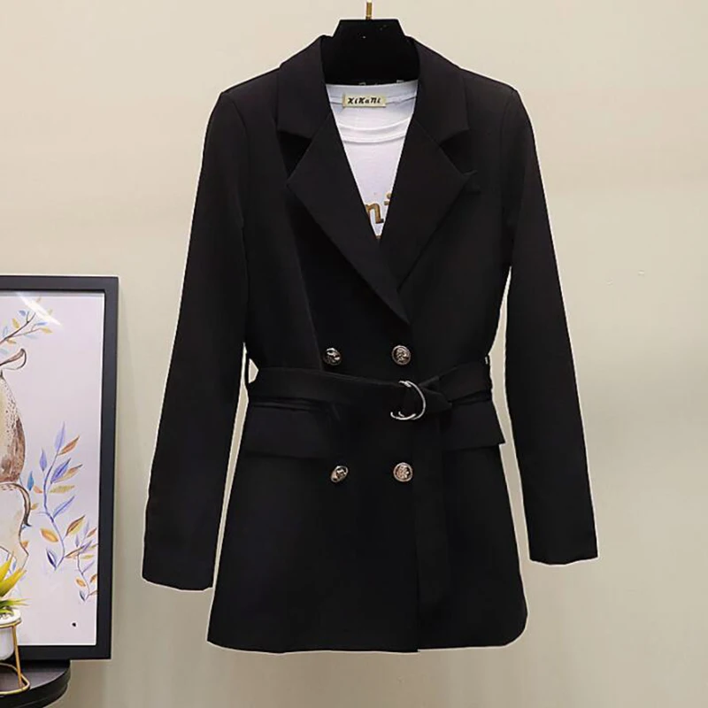 Vintage Double Breasted Black Blazer Women Jacket 2019 Spring autumn Casual Belt Suits Coat Feminino blazers Outerwear | Женская одежда