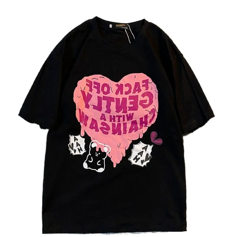 

Green Heart-Shaped Letter Printing Oversized Short-Sleeved T-Shirt Women's Summer Korean Fashion O-Neck Casual Sweet Graphic Tee