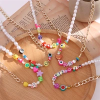 young fashion rainbow smiley pearl beads necklaces chokers for women metal chain clay clavicle necklace charm y2k jewelry new