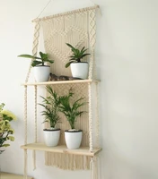 bohemian hand woven tapestry macrame plant hanger with wooden shelf rope planter pot hanger basket holder stand wall decoration