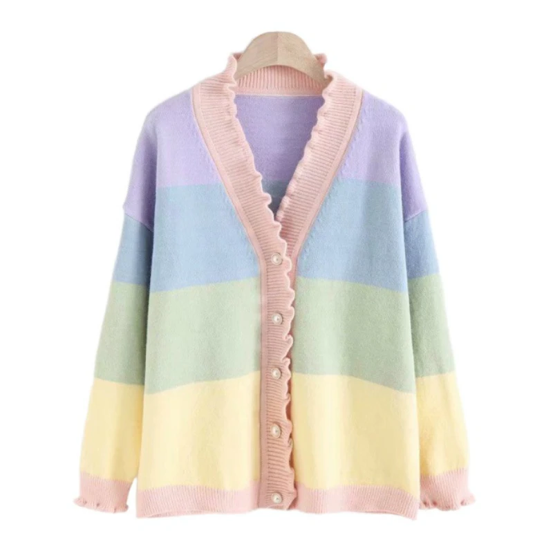 

Women Knitted Rainbow Cardigan Chic Single Breasted Patchwork Sweater 2021 Winter Warm Korean Girly Sweety Patchwork Jumpers Top