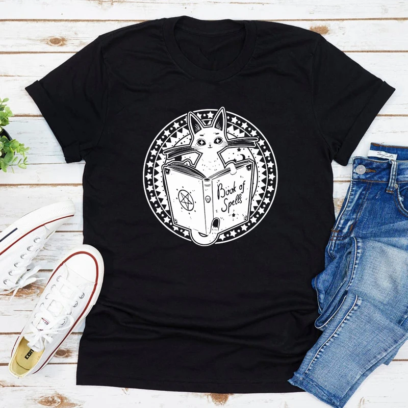 

Книг заклинания футболка смешные ведьма кошка топ в готическом стиле футболка эстетическое кошка мама подарок на Хэллоуин футболка