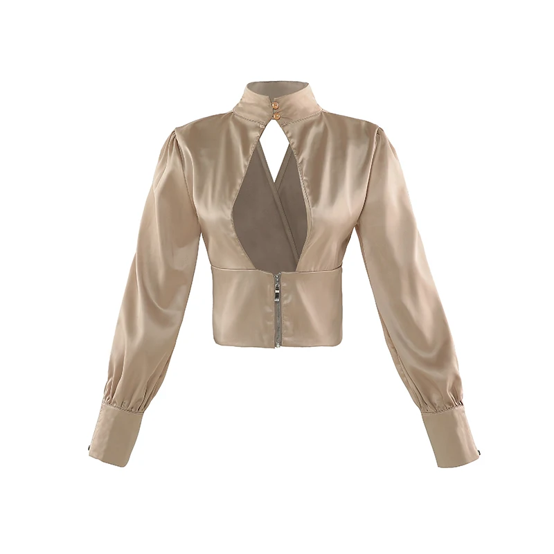 

Women 2021 Spring Vintage Stand Neck Sexy Hollow Out Tops New Elegant Solid Halter Blouses Long Sleeve Casual Shirts
