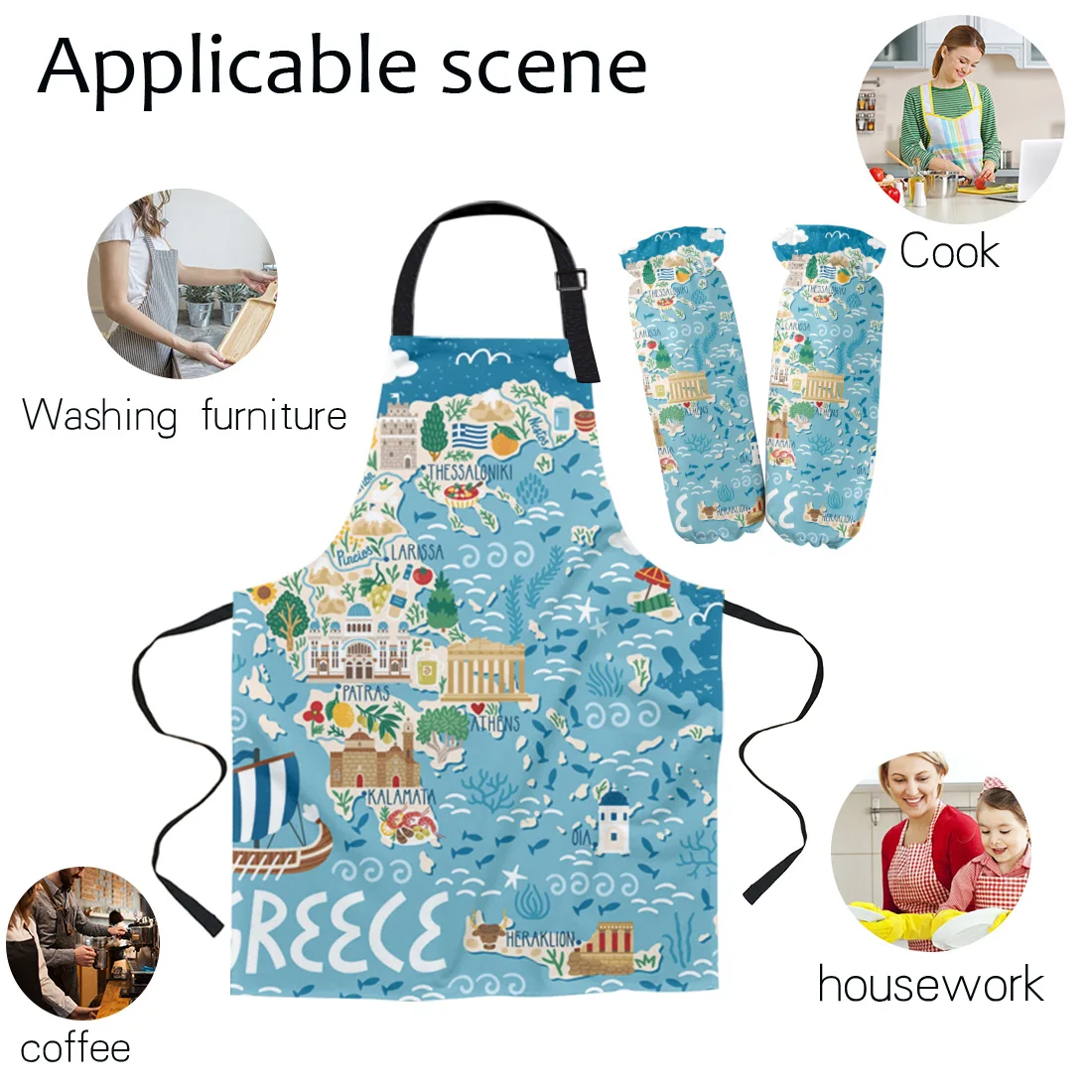 Греческий Остров карта мультяшный фартук с нарукавником перчатки прокладки для