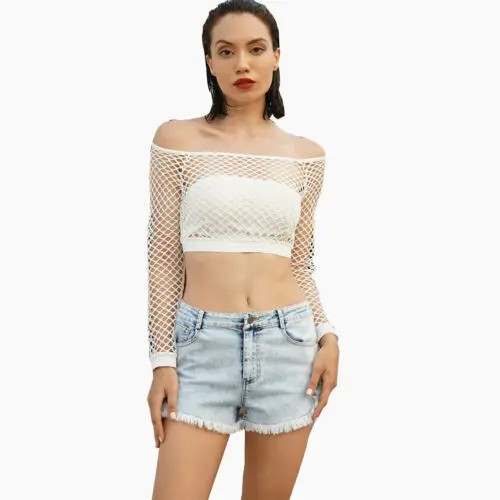 Модные Женские однотонные сетчатые ажурные летние шорты с открытыми плечами