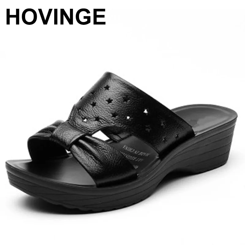 HOVINGE 2022Summer new women's shoes female leather soft soles mother slippers slope with the elderly skid comfortable slippers