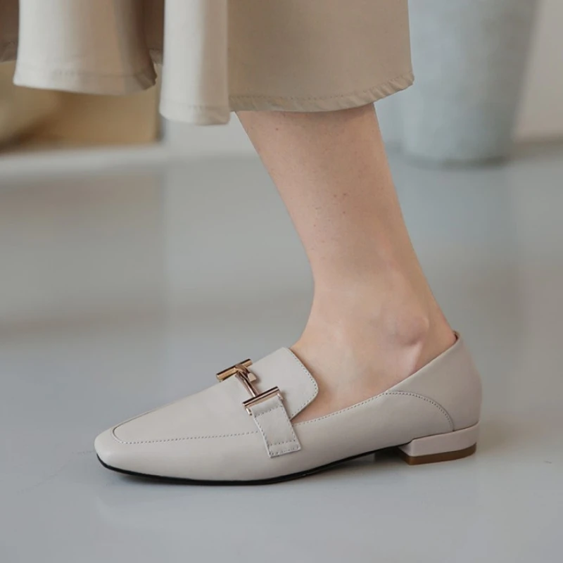 

RIZABINA Women Flat Shoes Fashion Square Toe Low Square Heels Shoes Women Nice Real Genuine Leather Metal Footwear Size 33-40