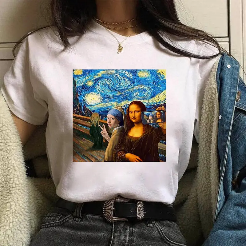 

Vintage Graphic Van Gogh Starry Night Oversized t shirt women /man Aesthetic oil painting T-shirt funny Mona Lisa Art David Tops