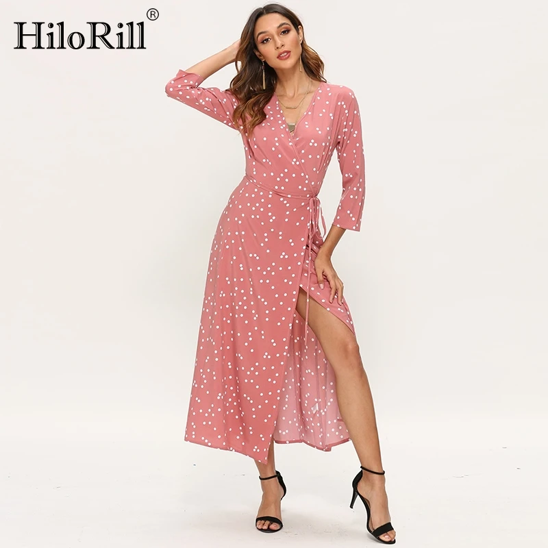 

Платье HiloRill женское длинное с запахом, повседневное пляжное длинное в горошек, в стиле бохо, с разрезом, с V-образным вырезом и рукавом три че...