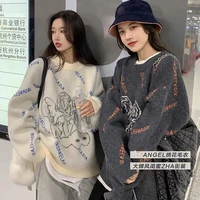 retro hong kong letter round neck pullover sweater jacket women loose knit sweater jacket outer pullover sweater women