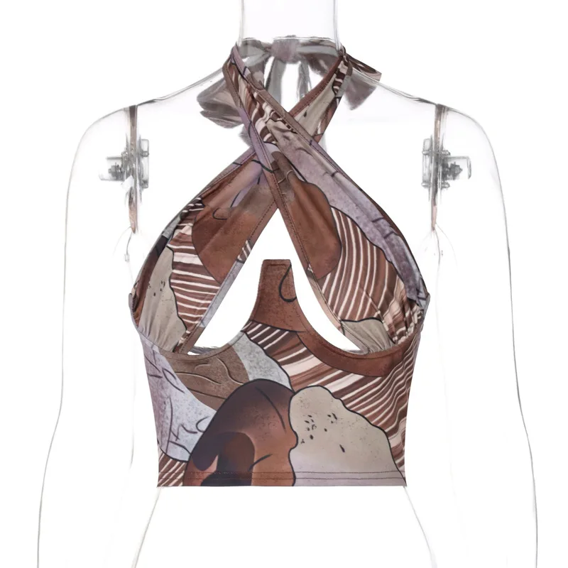 

Fashstreet Sexy Halter Low Cut Bandage Camisole Women Backless Printing Bodycon Tank Tops Fashion Summer Party Club Crop Top