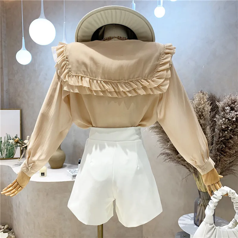

New Women's Clothing Summer 2021 Fashion Design sense Temperament Doll collar breasted long sleeve shirt Top