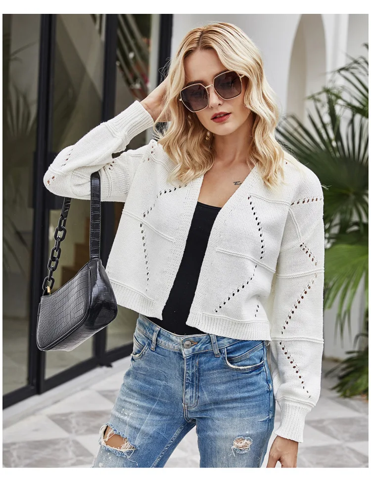 

Donsignet Women's Sweater New Fashion Spring/Autumn V-neck Cardigan Solid Color Hollow Loose Knit Long Sleeves Cardigan