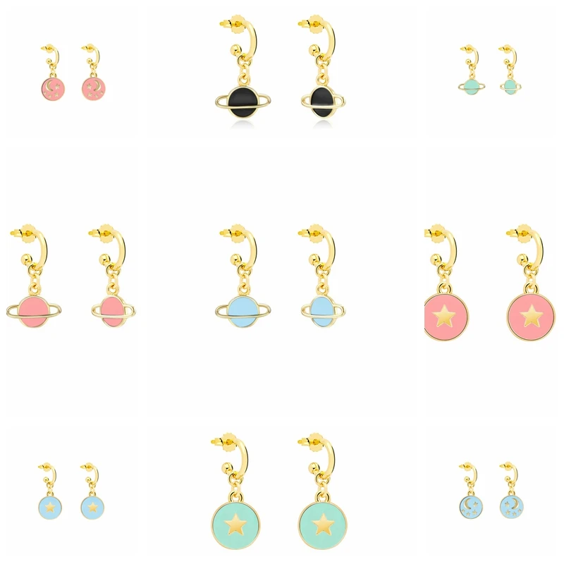 

CANNER 925 Sterling Silver Earrings Huggie Geometry Moon Star Dripping Oil Hoop Earrings With Charm 2021 Trend Pendientes Mujer