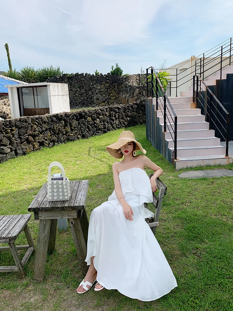 Комбинезон без бретелек Новинка лета 2020 пляжные праздничные белые длинные