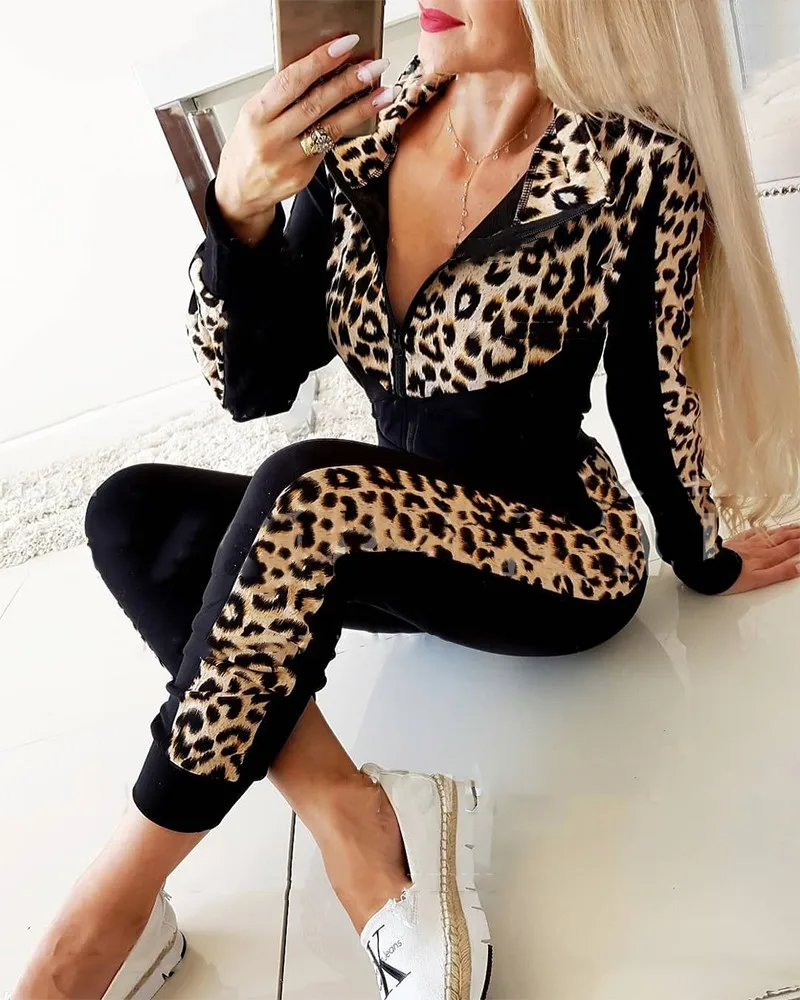 

Women Leopard Print Tracksuit Zipper Hoodies Sweatshirt Pants Jogger Sport Wear Ladies Casual Sweat Autumn Streetwear Suit