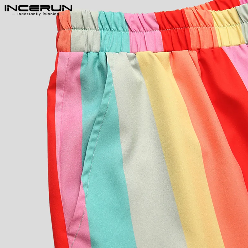 

Men Colorful Striped Sets INCERUN Half Sleeve Cardigan Shirt Elastic Shorts Breathable Mens Hawaiian Beach Suits Streetwear 5XL