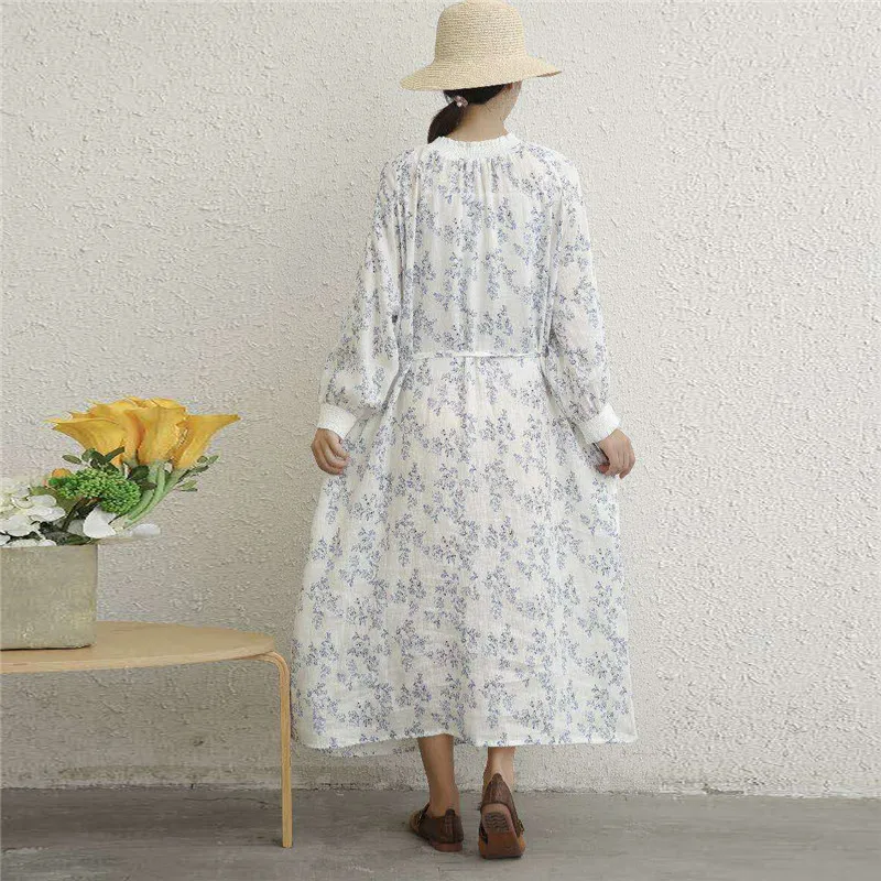 

Johnature 2021 Autumn New Floral Print Linen Loose Dresses Vintage O-neck Full Sleeve Tie Single-breasted Pockets Female Dress