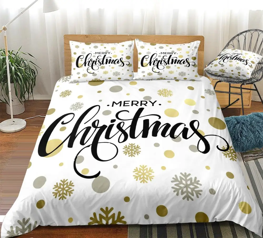 

3 Pieces Merry Christmas Duvet Cover Set Gold Grey Snowflakes Bed Set White Bedding Kids Boys Girls Home Textiles Dropship