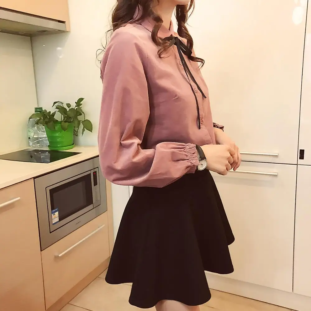 

Women Corduroy Shirts 2020 Spring Autumn Turn-down Collar Full Sleeve Single-breasted Drawstring Tops T06119K