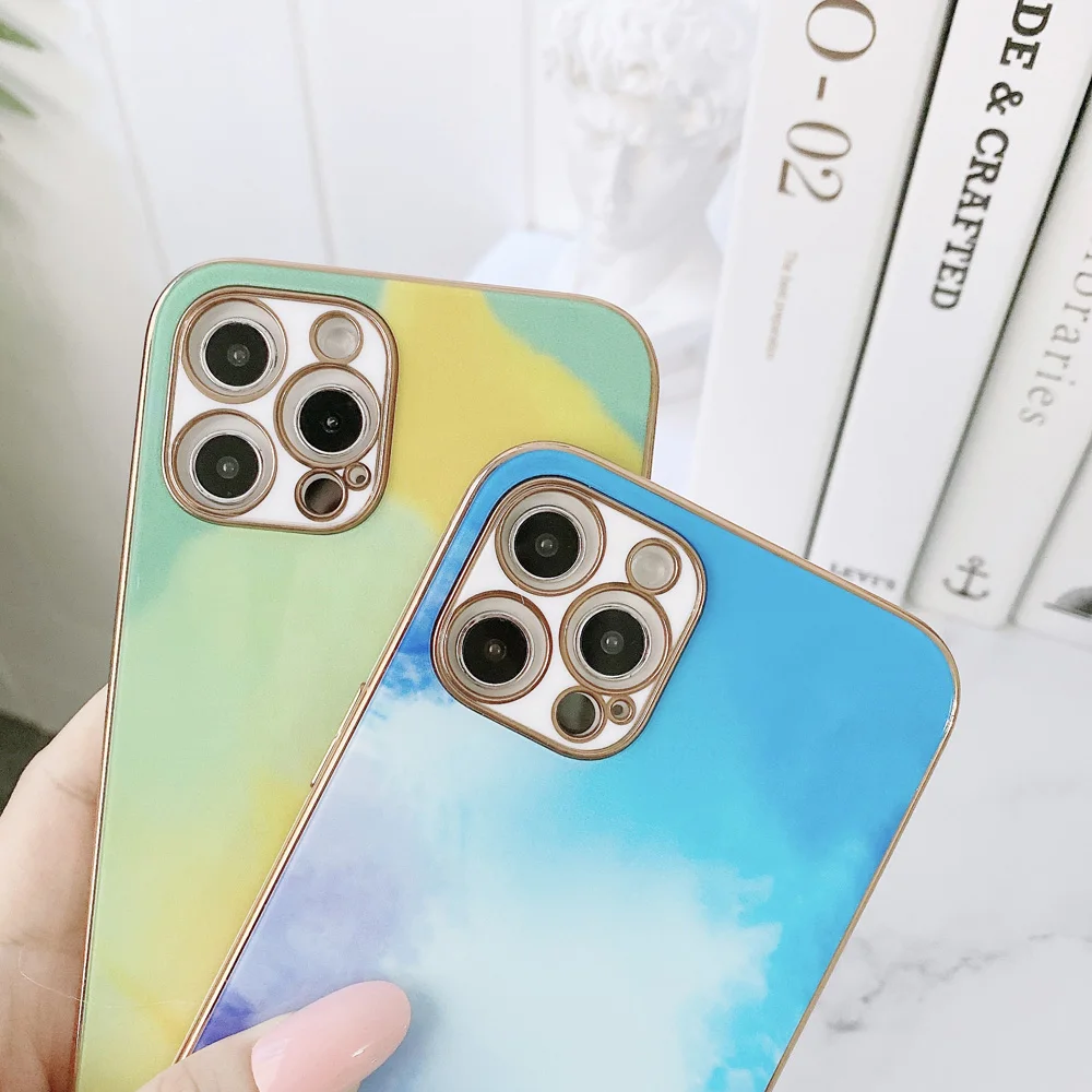 

Luxury Watercolor Glass Phone Case for iphone 12 Pro 11 Pro Max 7 8 Plus X XR XS Max Soft Silicone Edge Shockproof Cover Cases
