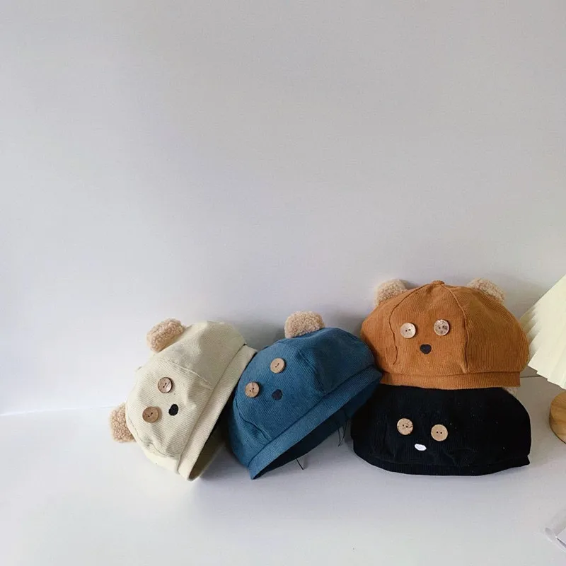 

2021 hot sale retro college style cartoon bear children pumpkin pot hat autumn and winter new corduroy warm baby octagonal hat