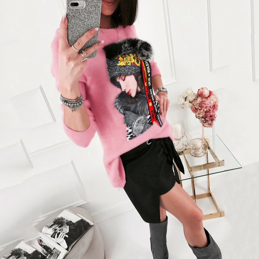 

3D Stereo Print Pink Black White Women Hoodies Casual Patchwork O Neck Long Sleeve Sweatshirt Tops 2021 Autumn Winter Clothes