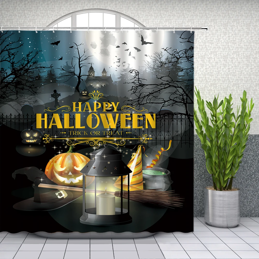 

Halloween Shower Curtains Evil Pumpkin Lantern Witch Hat Broom Horror Night Holiday Bathroom Decor Polyester Fabric Curtain Set