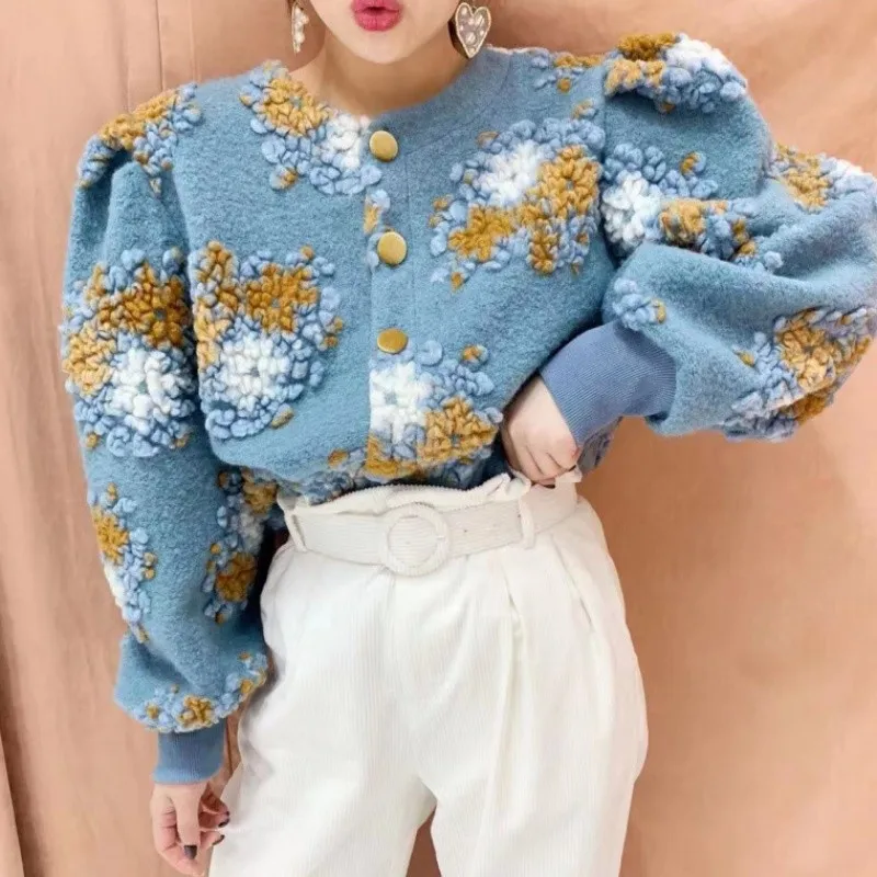 

Women Tweed Jacket Spring Designer Fashion Plush Coat Female Autumn Flowers Puff Sleeve Cardigan Short Jackets Fashion Outerwear