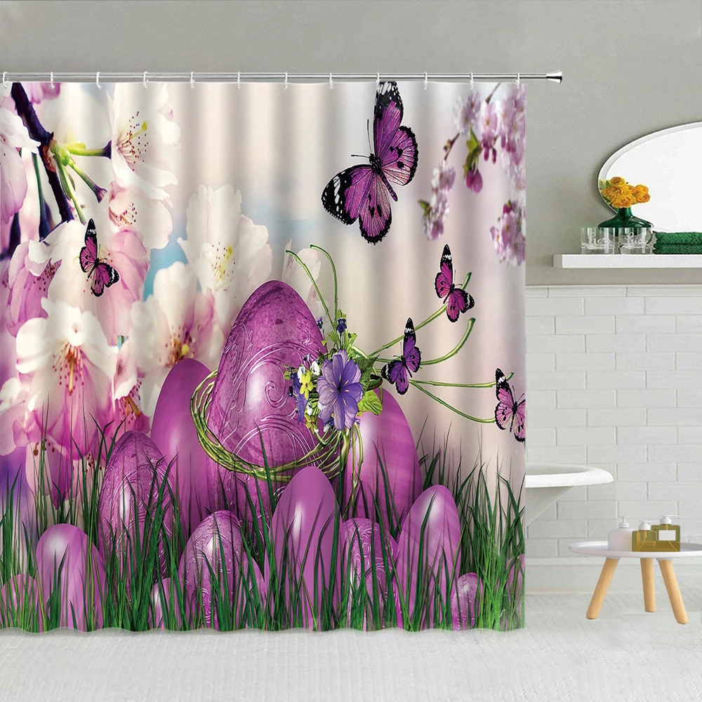 

Занавеска для душа с фиолетовыми бабочками, яйцами, цветами, цветная розовая ткань, высококачественные товары для ванной комнаты с крючками...