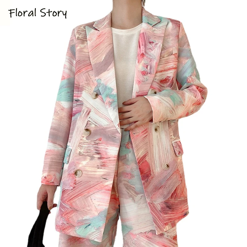 FLORAL STORY Women Long Sleeves Elegant Blazer Spring & Autumn Fashion Printed Casual Chic Coat Loose Outwear Office Lady Suit