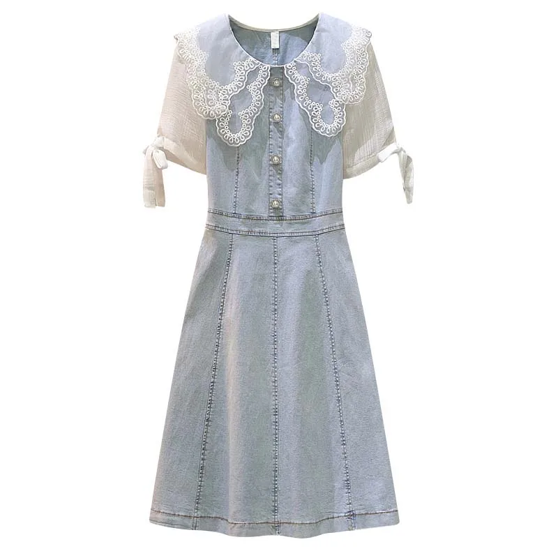 Женское джинсовое платье размера плюс 6XL летнее с кукольным воротником