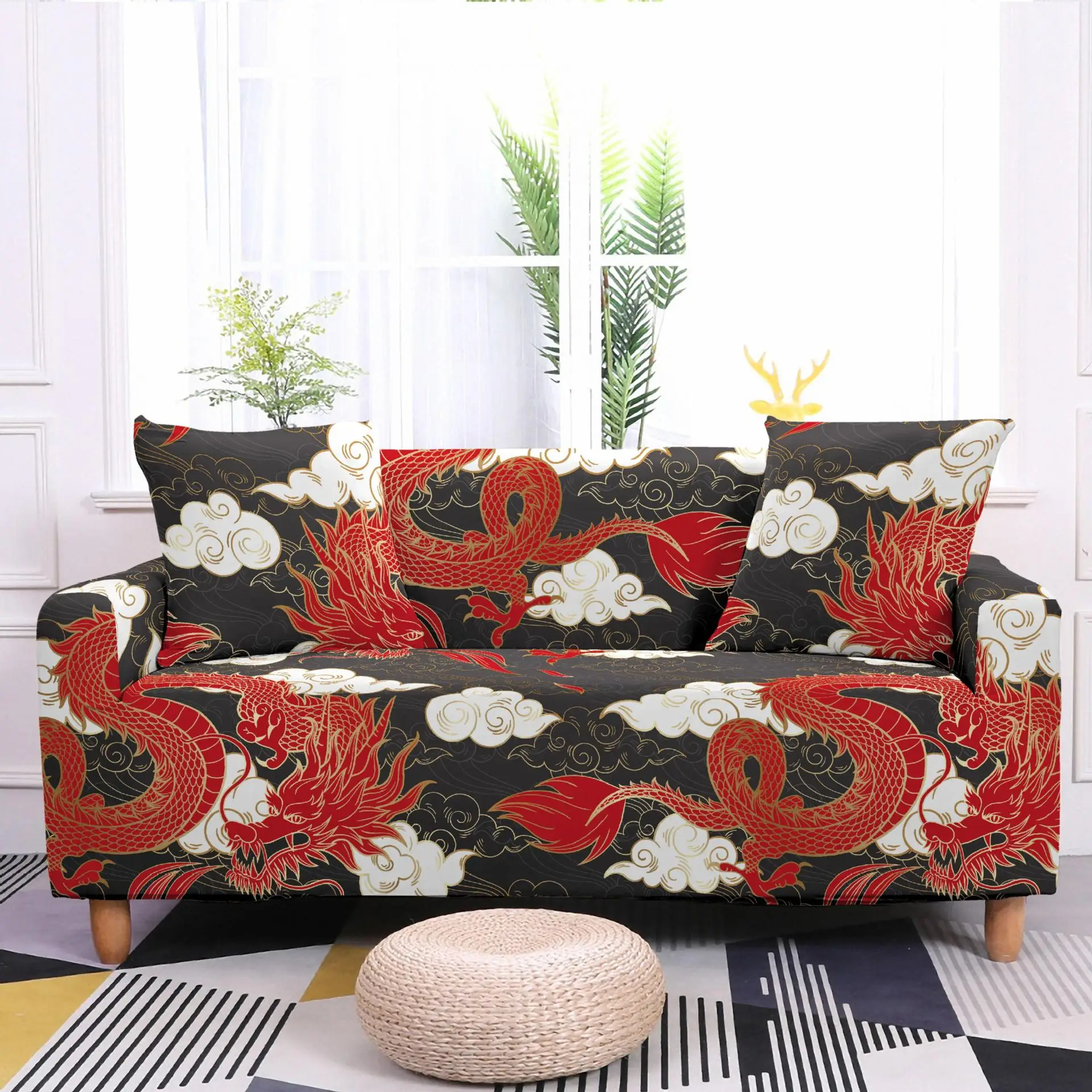 

Living Room Geometric Stretch Sofa Cover Auspicious Clouds Flying Dragon Four Seasons All-inclusive Stretch Sofa Cover