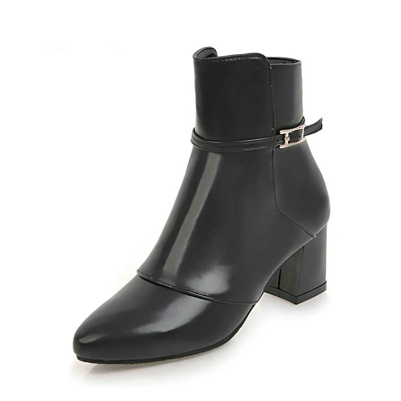 

Теплые Зимние удобные ботильоны на квадратном каблуке с боковой молнией; Модная женская обувь с острым носком; Цвет черный, красный, розовый...