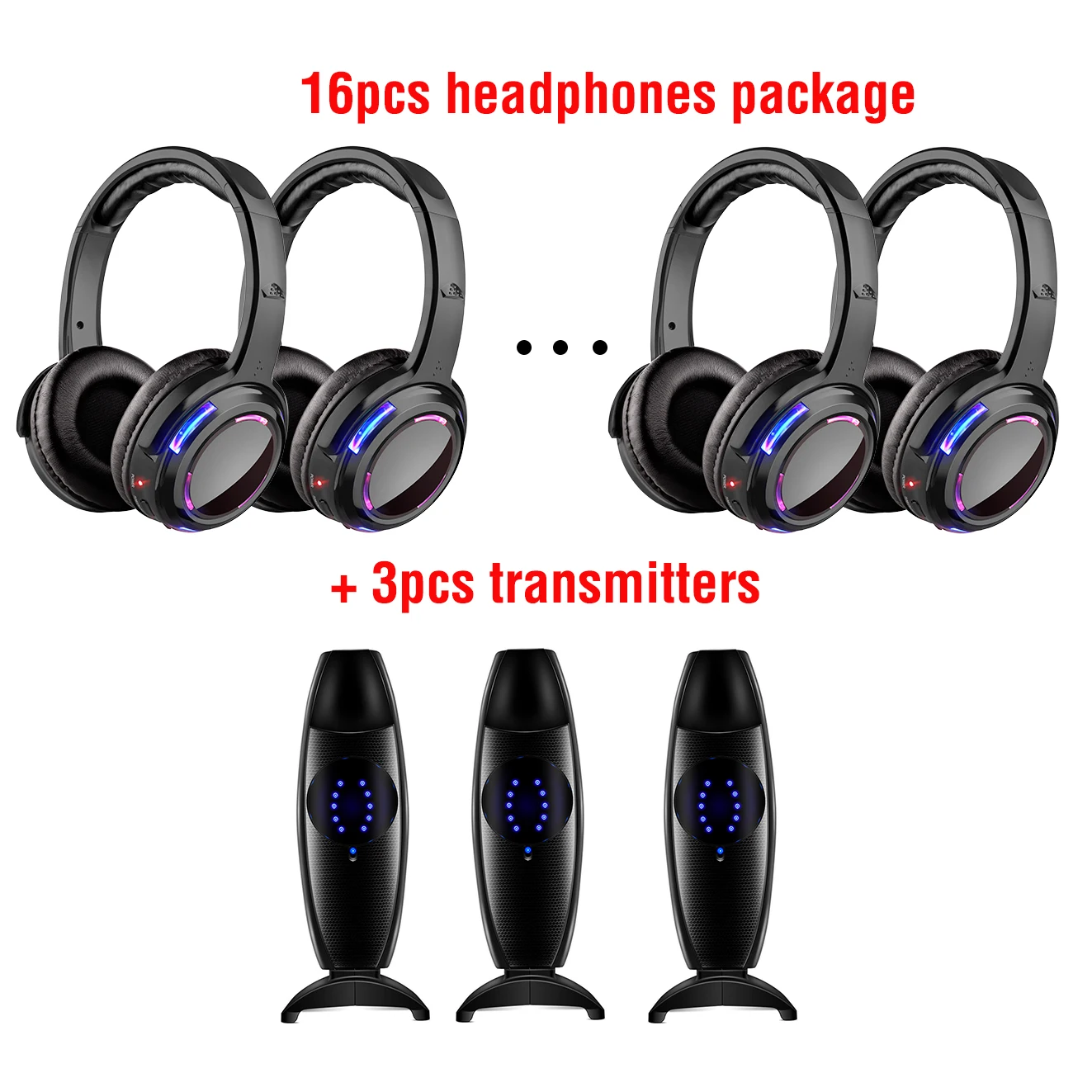 

200m RF Headset UHF Silent Disco Wireless Headphone for Party DJ Broadcast 16pcs with 3 Channels Transmitters