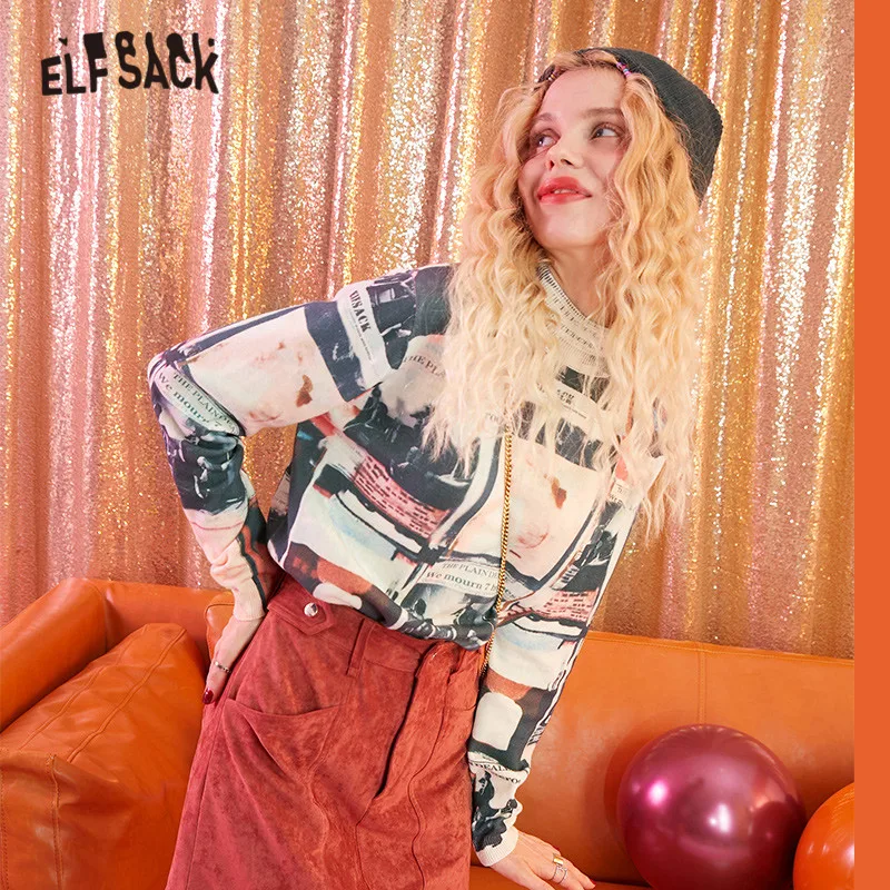 ELFSACK с рисунком, уличная одежда, вязаный пуловер, свитер, женские свитера, осень, корейский стиль, большие размеры, офисные женские базовые Топы