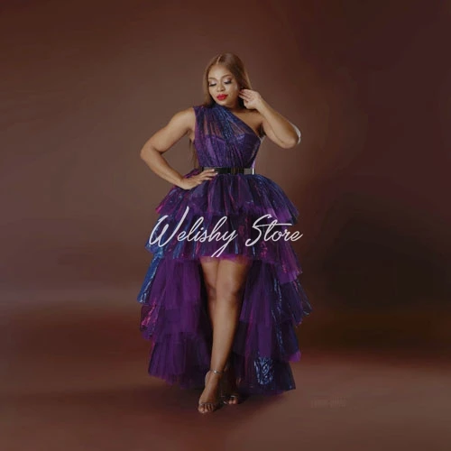 

New Arrival Colorful Hi Low Women Tulle Dress One-Shoulder Tiered Ruffled Long Party Prom Gown Real Image