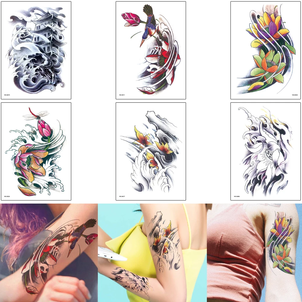 Водопереводная Татуировка 3D цветок лотоса птицы волна водонепроницаемый