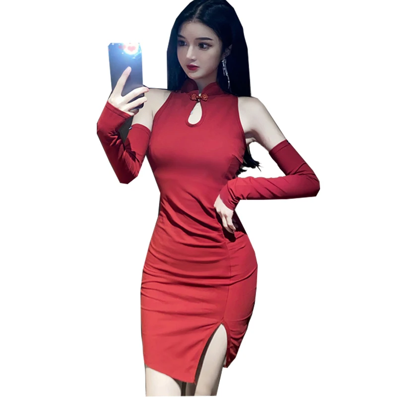 

Spring Autumn Fashion Dress Women Sexy Slim Solid Stand Collar Long Sleeve Buttocks Elegant Bodycon Hollow Out Dresses A22